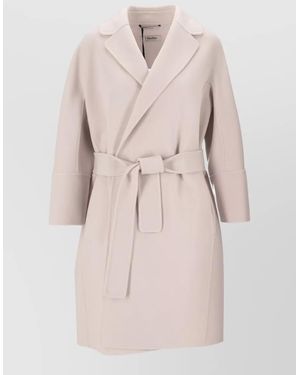 Max Mara Virgin Wool Belted Coat Notched Lapels - Natural