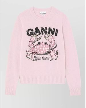 Ganni Wool Crew Neck Jumper Graphic Knit - Pink
