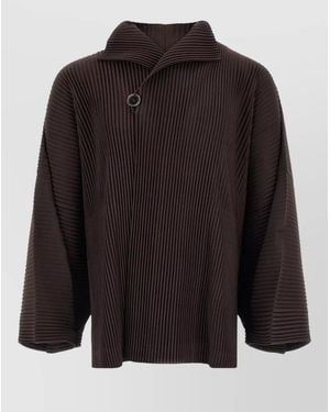 Homme Plissé Issey Miyake Pleated High Collar Coat With Wide Sleeves - Black