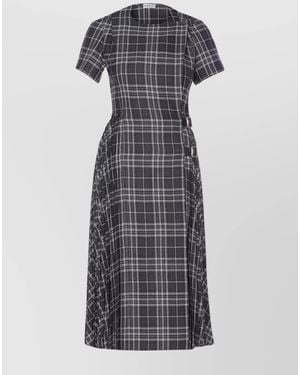 Burberry Wool Blend Checked Short-Sleeve Midi Dress - Grey