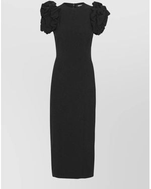 ROTATE BIRGER CHRISTENSEN Crepe Midi Dress Fitted Silhouette Ruffled Sleeves - Black