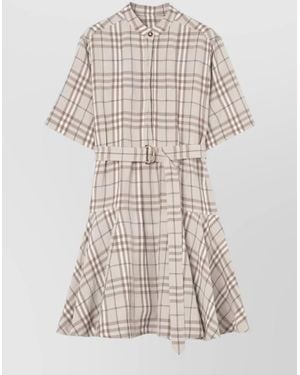 Burberry Check Linen Blend Short Sleeve Dress - Natural