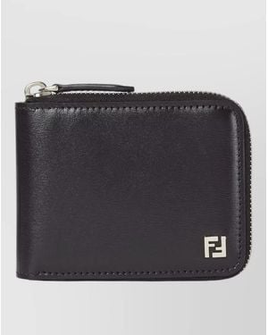 Fendi Leather Compact Wallet Zip Around Ff Logo - Black