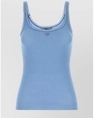 Prada Cotton Tank Top Featuring Lace Trim - Blue