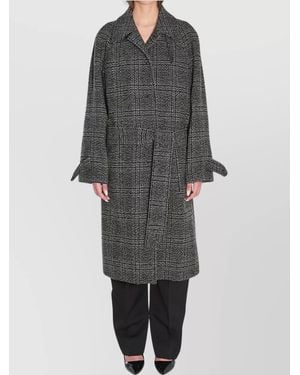 Balenciaga Wool Check Belted Single Breasted Coat - Gray