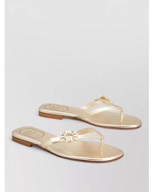 Roger Vivier Embellished Strap Flat Sole Open Toe Slides - Natural