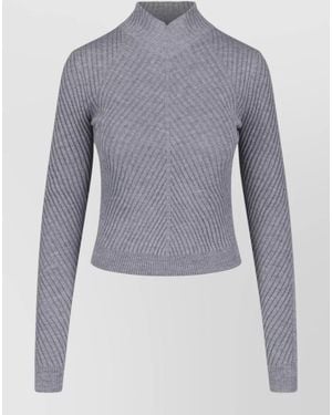 Victoria Beckham Long Sleeve Mock Neck Cropped Ribbed Top - Blue