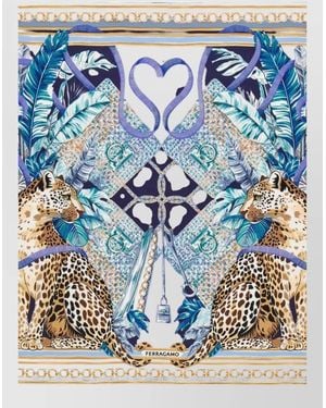 Ferragamo Square Scarf Animal Chain Leaf Motifs - Blue