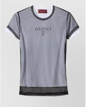 Gucci Sheer Overlay Crew Neck Top Contrast Trim - Gray