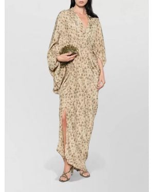 Cortana Printed Draped V-Neck Batwing-Sleeve Side-Slit Long Dress - Natural