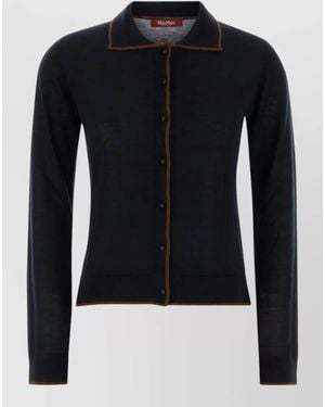 MM STUDIO Silk Blend Targo Cardigan Collared Contrast Trim - Blue