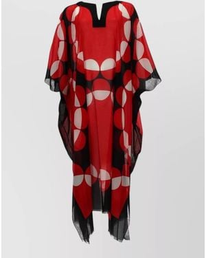 Dries Van Noten Geometric V Neck Loose Sheer Beach Kaftan - Red