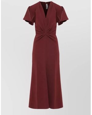 Victoria Beckham V-Neck Pleated Midi Dress - Red