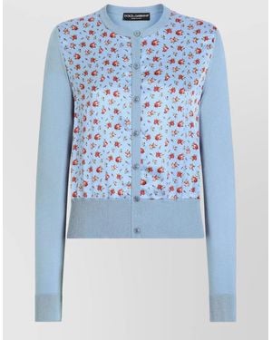 Dolce & Gabbana Crew Neck Cardigan Floral Pattern Knit - Blue