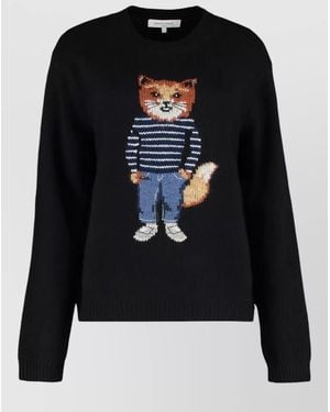 Maison Kitsuné Merino Wool Crew Neck Fox Jumper - Black