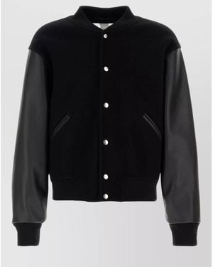 Jil Sander Wool Bomber Jacket Leather Sleeves Detail - Black