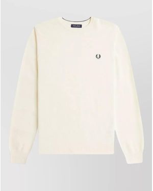 Fred Perry Logo Knit Top Ribbed Cuffs Hem - Natural