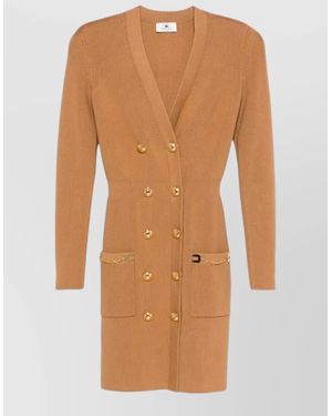 elisabetta franchi double breasted knit dress Cashmere Wool Ribbed Cutout Knee-Length in Brown The dress features ¾