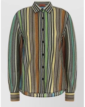 Missoni Metallic Viscose Knit Shirt Striped Cuffs - Green