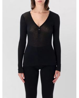 James Perse Cashmere Cotton Ribbed Slim-Fit V-Neck Henley Top - Black