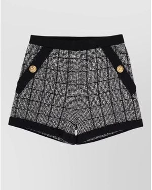 Balmain Tweed Shorts Checked Pattern Buttons Trim - Black