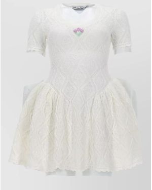 Self-Portrait Knit Mini Dress Flared Skirt Scalloped Hem - White