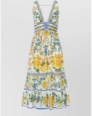 FARM Rio Cotton Floral-Print V-Neck Midi Dress - White