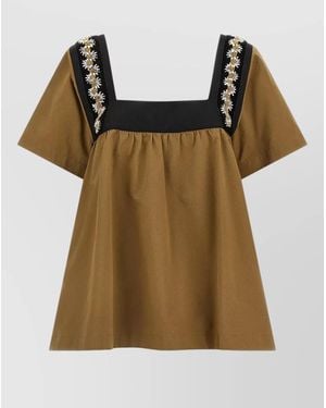 Prada Embroidered Crystal Gabardine Dress Velvet Inserts - Brown