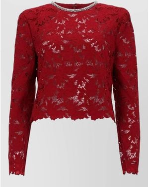 Self-Portrait Lace Top Crystals Round Neck Long Sleeves - Red