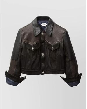 Versace Leather Jacket Cropped Contrast Panels Pockets - Black