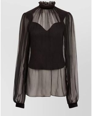 Nina Ricci Silk Ruffled High Neck Sheer Yoke Long Sleeve Blouse - Black