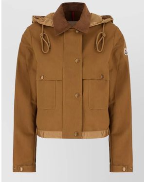 Moncler Cotton Blend Hooded Jacket Contrast Collar - Brown
