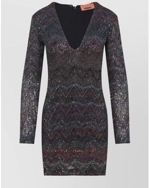 Missoni Metallic Knit Zigzag V-Neck Long-Sleeve Mini Dress - Blue