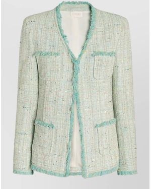 Genny Tweed Fringe Jacket V Neck Pockets - Green