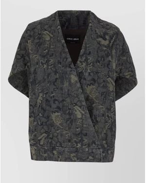 Giorgio Armani Denim Oversized Floral Jacquard Single Breasted Coat - Black