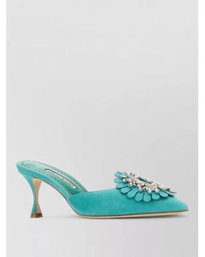 Manolo Blahnik Shogmu Suede Mules Stiletto Floral Applique - Blue