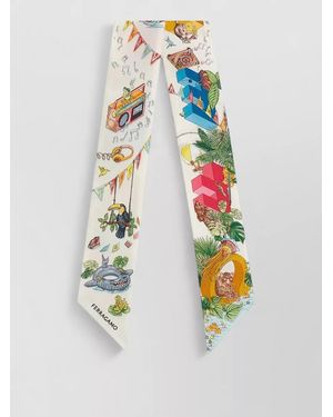 Ferragamo Silk Jungle Party Print Mini Bandeau Scarf - White