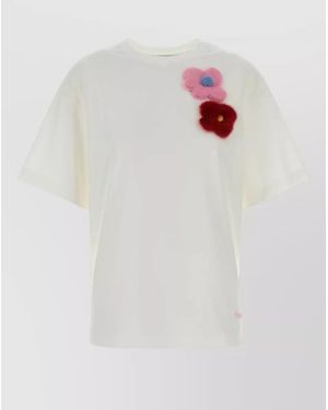 Fendi Cotton T Shirt Short Sleeves Crew Neck Floral Appliqué - White