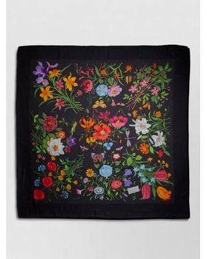 Gucci Silk Wool Floral Logo-Print Scarf - Black