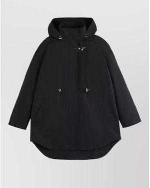 Fay Long Hooded Jacket Drawstring Waist Pockets - Black