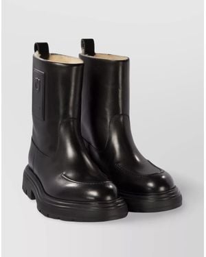 Ferragamo Chunky Sole Mid-Calf Pull Tab Round Toe Boots - Black