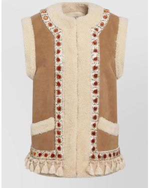 Valentino Leather Beaded Sleeveless Vest - Natural