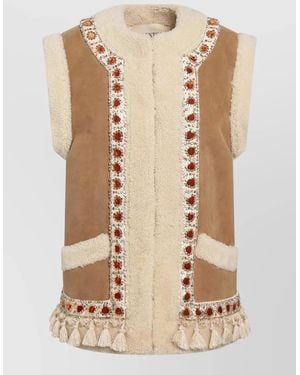 Valentino Sleeveless Coat Embellished Tassels Unique Trim - Natural