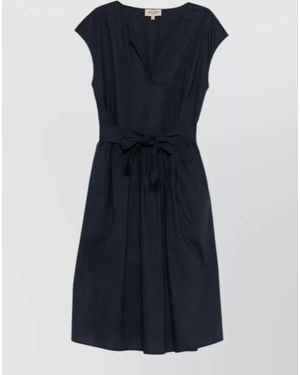 Woolrich Short Dress V Neckline Waist Tie Pockets - Blue