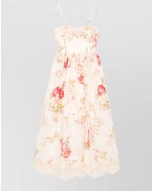 Zimmermann Linen Midi Dress Chain Straps Flowers Lace - Pink