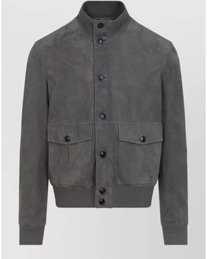 ZEGNA Leather Blouson Jacket Stand Collar Ribbed Cuffs - Grey