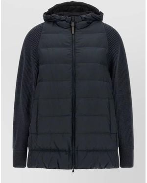 Brunello Cucinelli Hooded Down Jacket Knit Sleeves - Blue