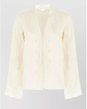 Alberta Ferretti Long Sleeve Lace Trim Open Front Shirt - Natural