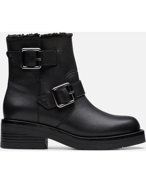 Clarks Rebelle Buckle Leather Biker Boots - Black