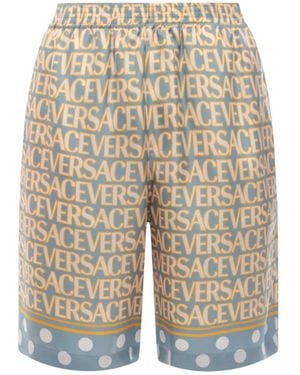 Versace Stylish Silk Bermuda Shorts With All-Over Logo - Natural